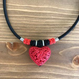 Passage to Asia Cinnabar-Style Lacquer Resin Carved Heart Shape Pendant Necklace